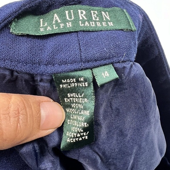 Ralph Lauren Navy Blue 100% Wool Wide Leg Pants Size 14 Trousers Lined - Picture 6 of 11